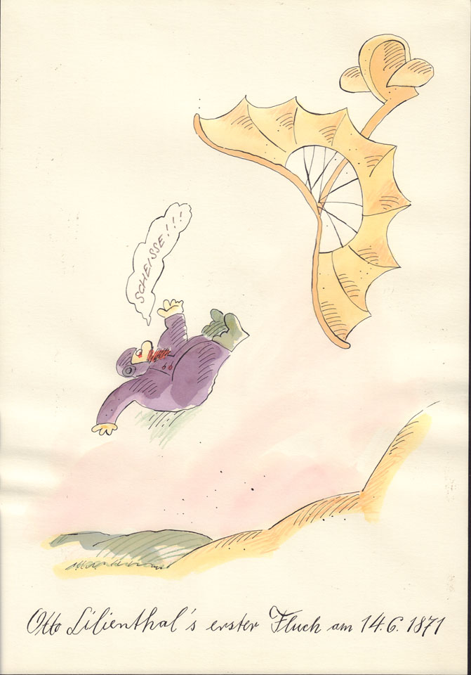 KArikatur: Mann stürzt aus einem Segelflieger, neben ihm die Sprechblase "Scheiße". Darunter steht: Otto Lilienthal´s erster Fluch am 14.6.1871