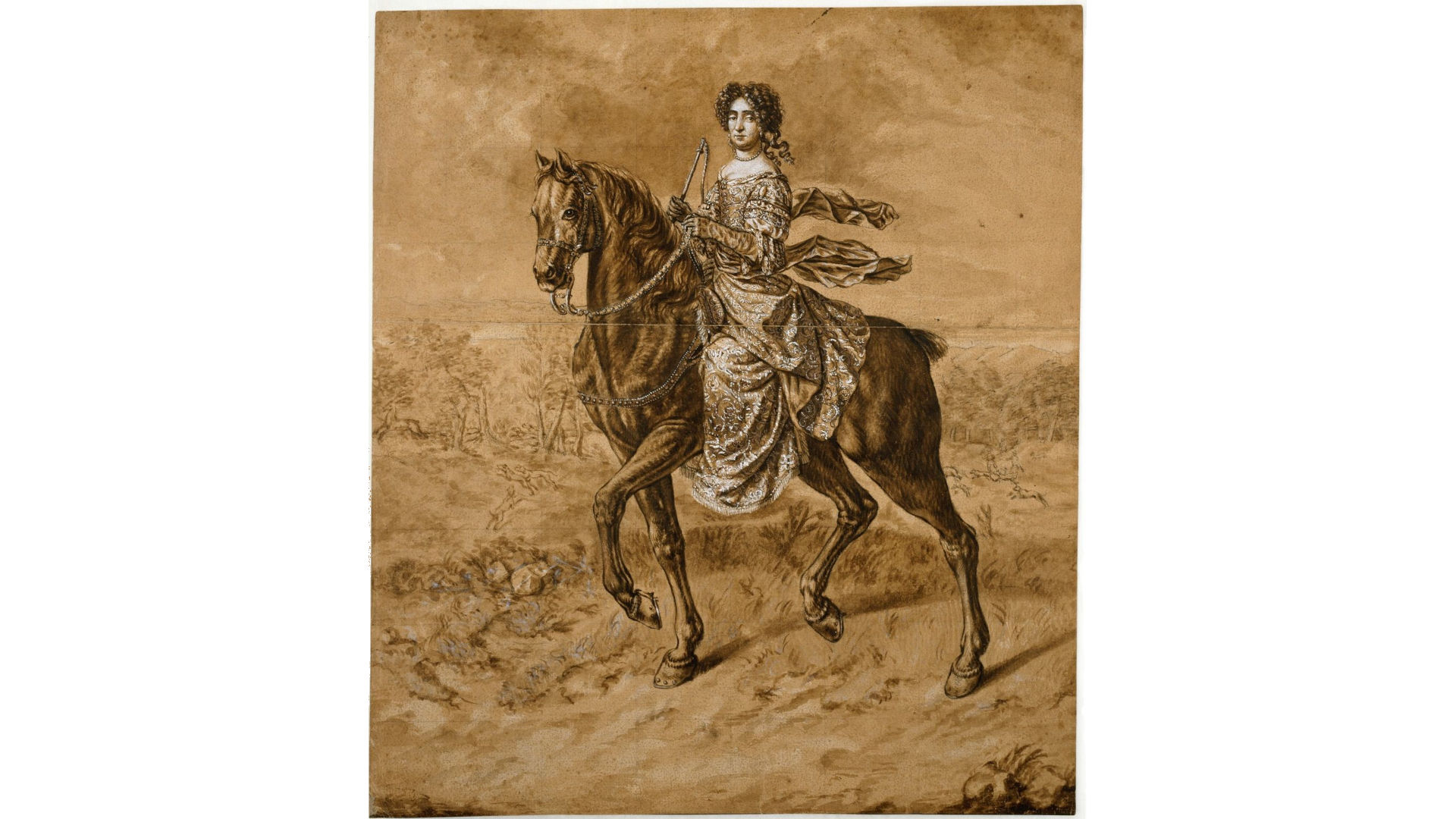 Grafische Darstellung einer Frau im langen Kleid, auf einem Pferd sitzend.